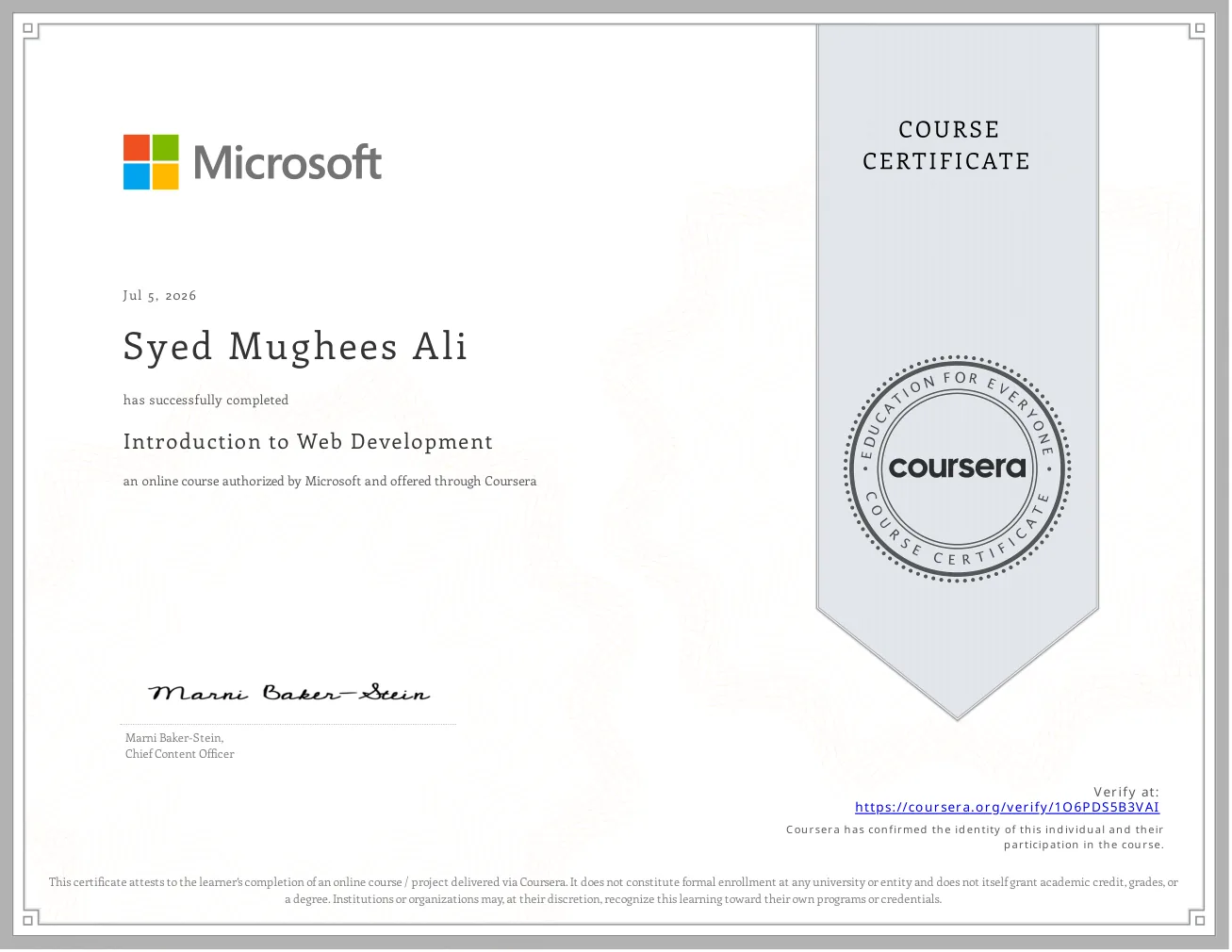 Introduction to Web Development certificate issued by Microsoft