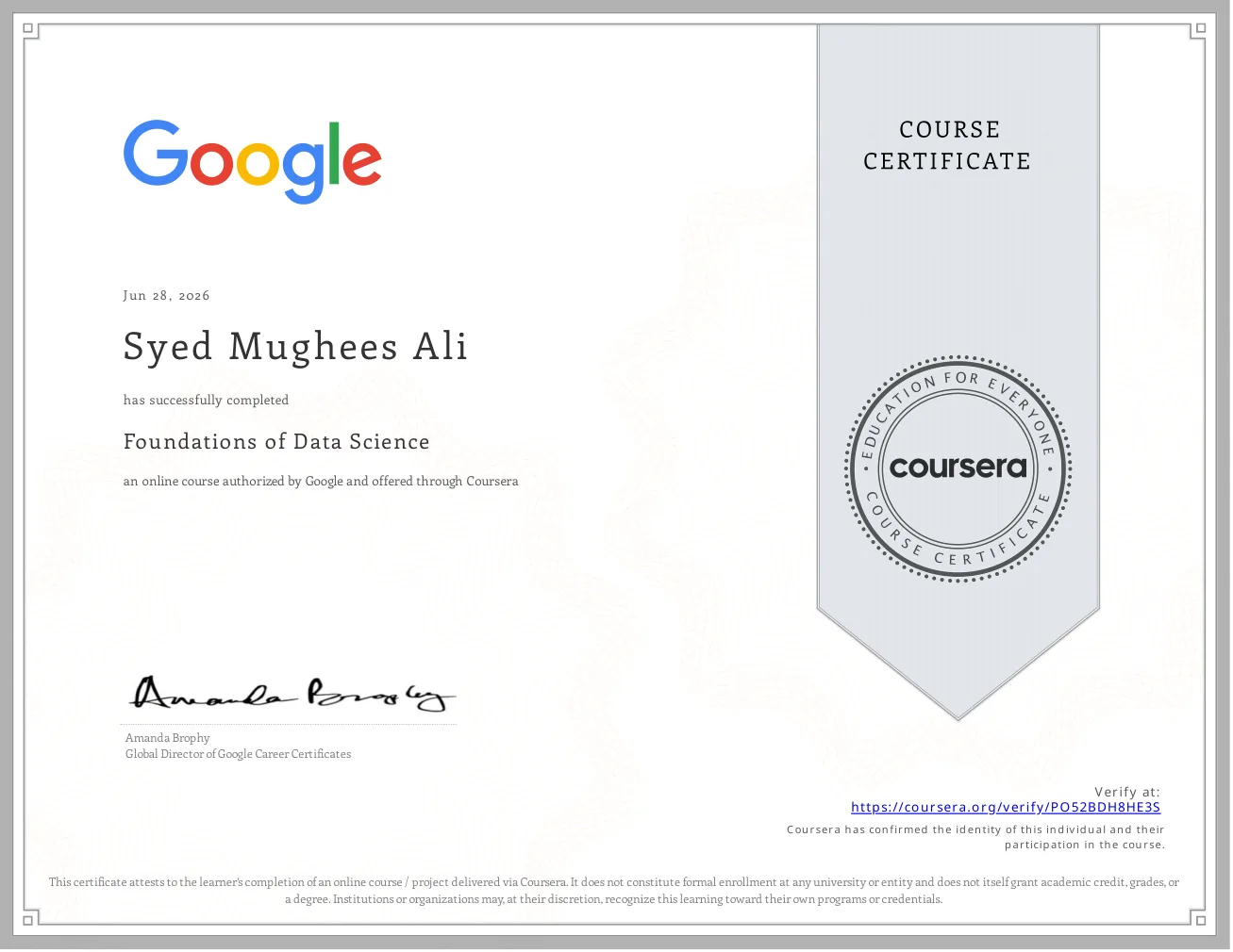 Foundations of Data Science certificate issued by Google