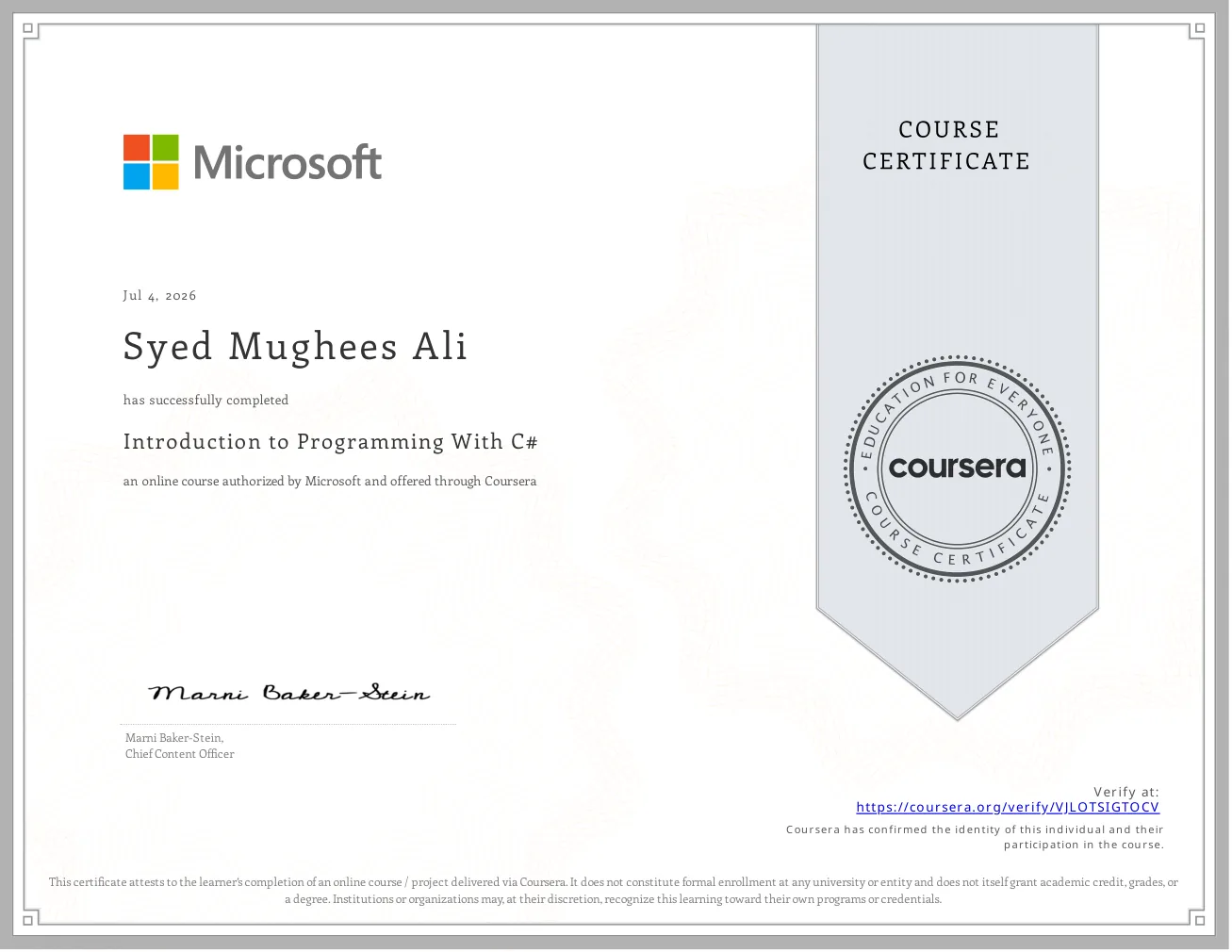 Introduction to Programming With C# certificate issued by Microsoft
