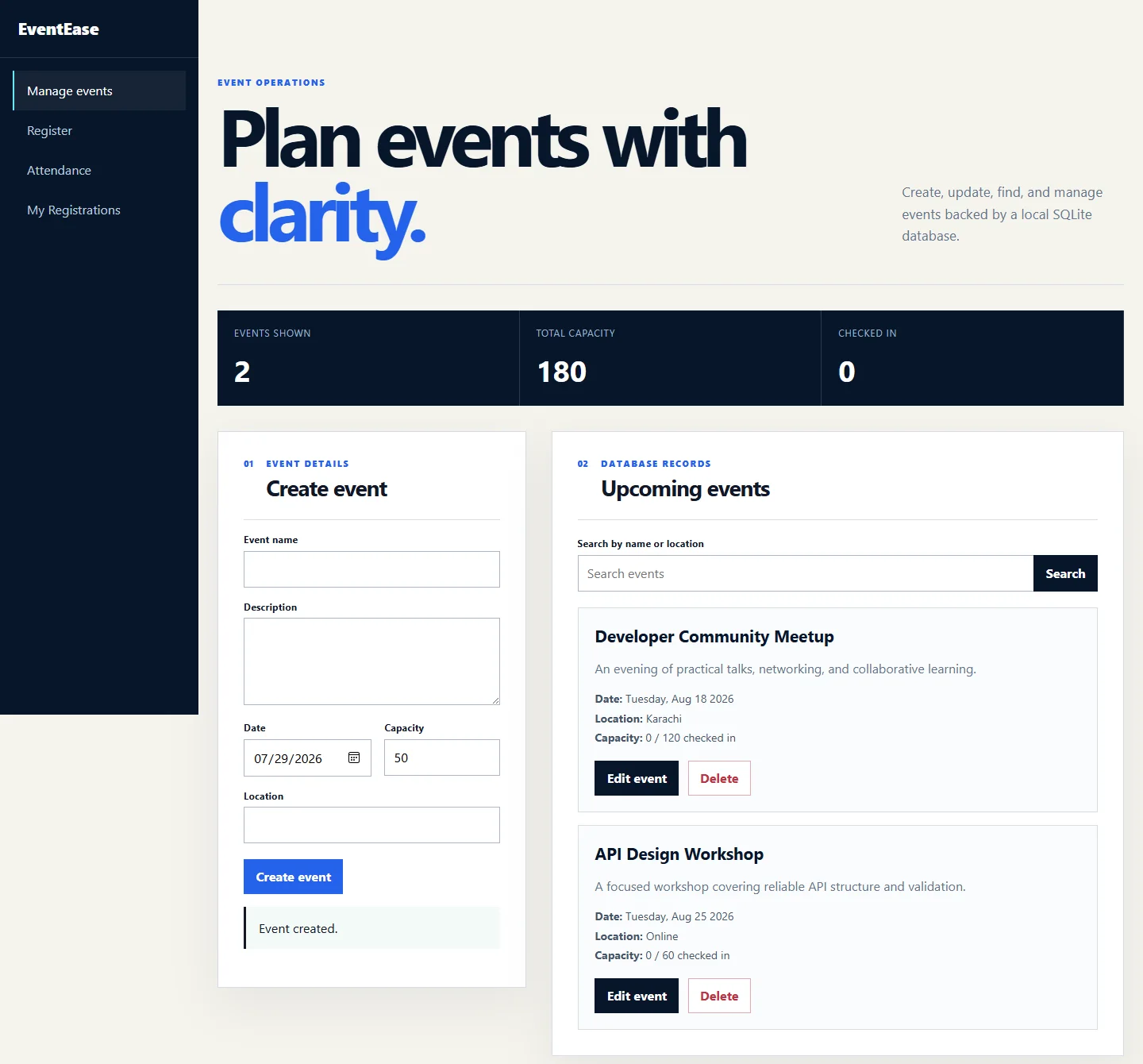 EventEase application screenshot